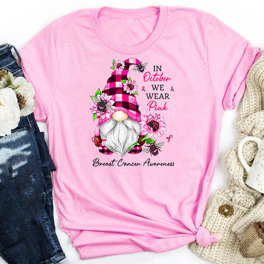 In October We Wear Pink Gnome Breast Cancer Awareness T-Shirt