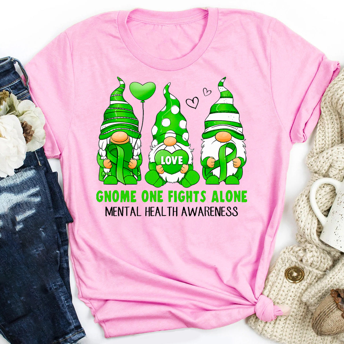 Gnome One Fights Alone Mental Health Awareness T-Shirt