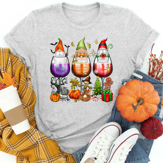 Hallothanksmas Wine Glasses and Gnomes T-Shirt