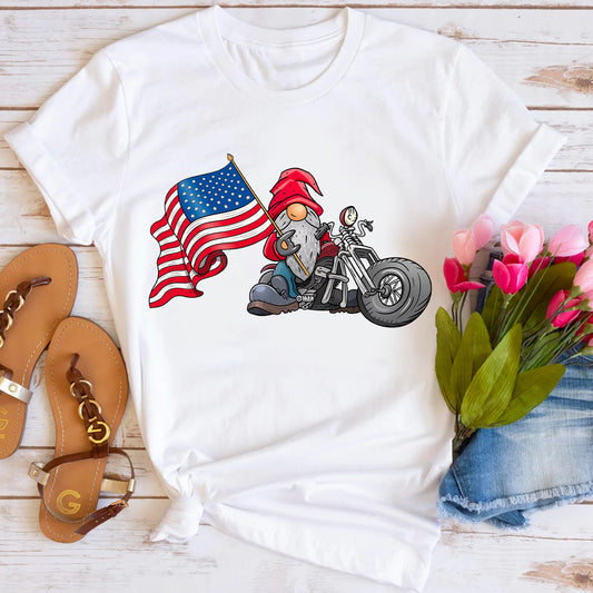 Biker Gnome With American Flag T-Shirt