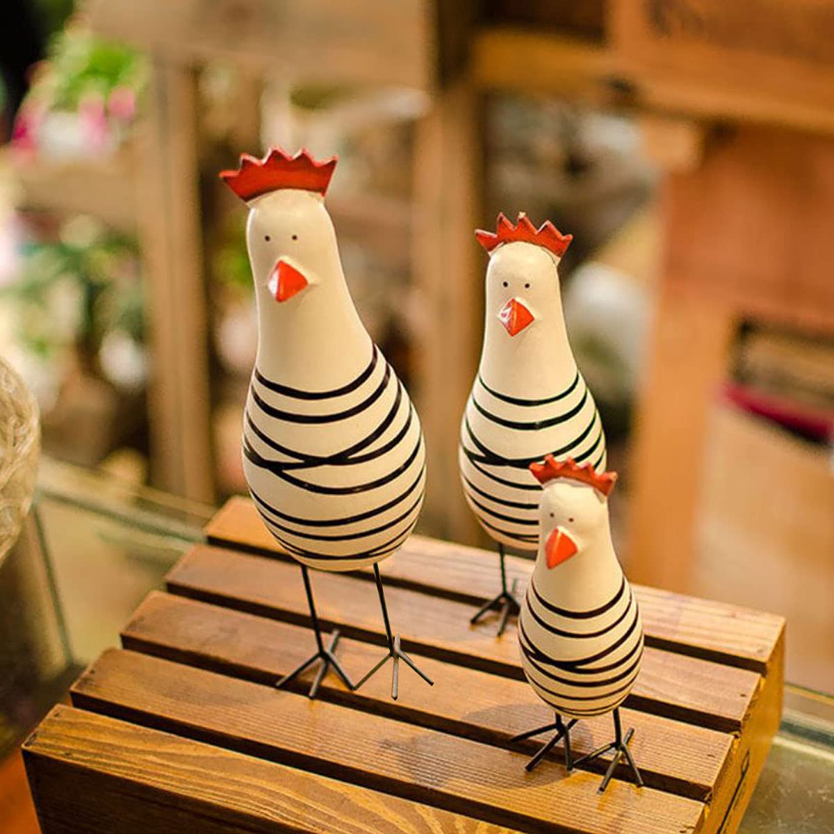 Set of 3 Wooden Chicken Figurine Decor
